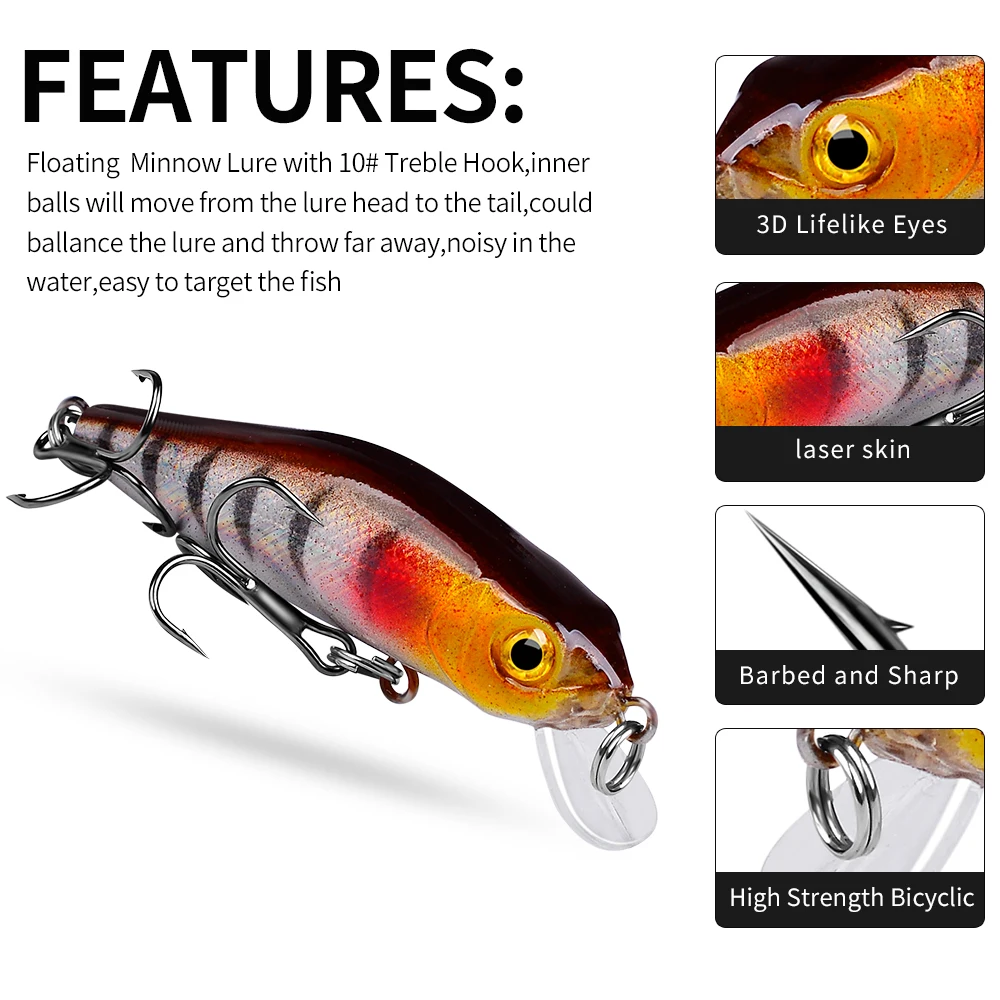 PROBEROS-Mini cebo para pececillos, 6 piezas, 6cm-5g, cebos duros flotantes artificiales, Wobbler, Crankbait, carpa, perca, aparejos de Pesca - imagen 5