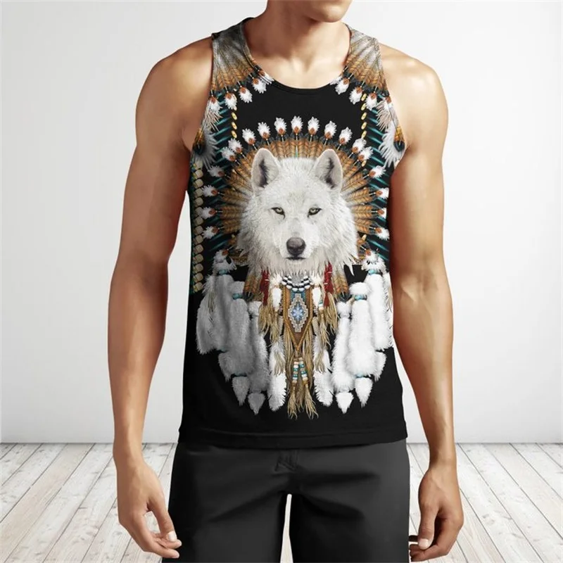Camiseta con estampado 3D de lobo indio nativo para hombre, camiseta sin mangas a la moda Harajuku, ropa de calle de verano, camisetas sin mangas Unisex - imagen 4