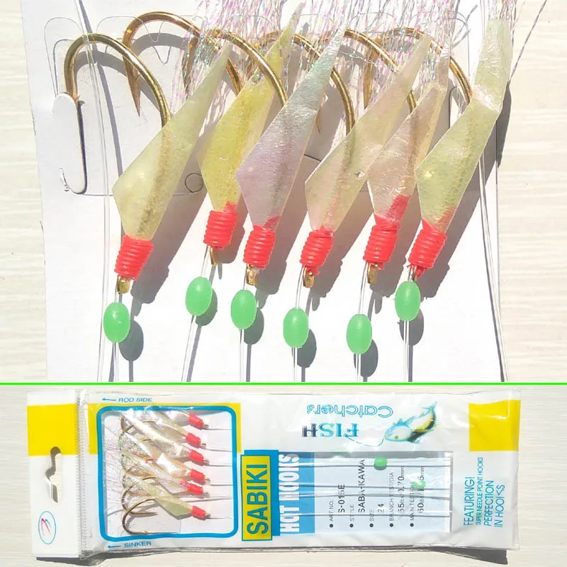8 #   10 #   12 #   14 #   16 #   18 #   20 #   22 #   24 #    Piel de pescado real cinta pez lubina Sabiki Rig aparejo de pesca en el mar señuelo de pesca suave