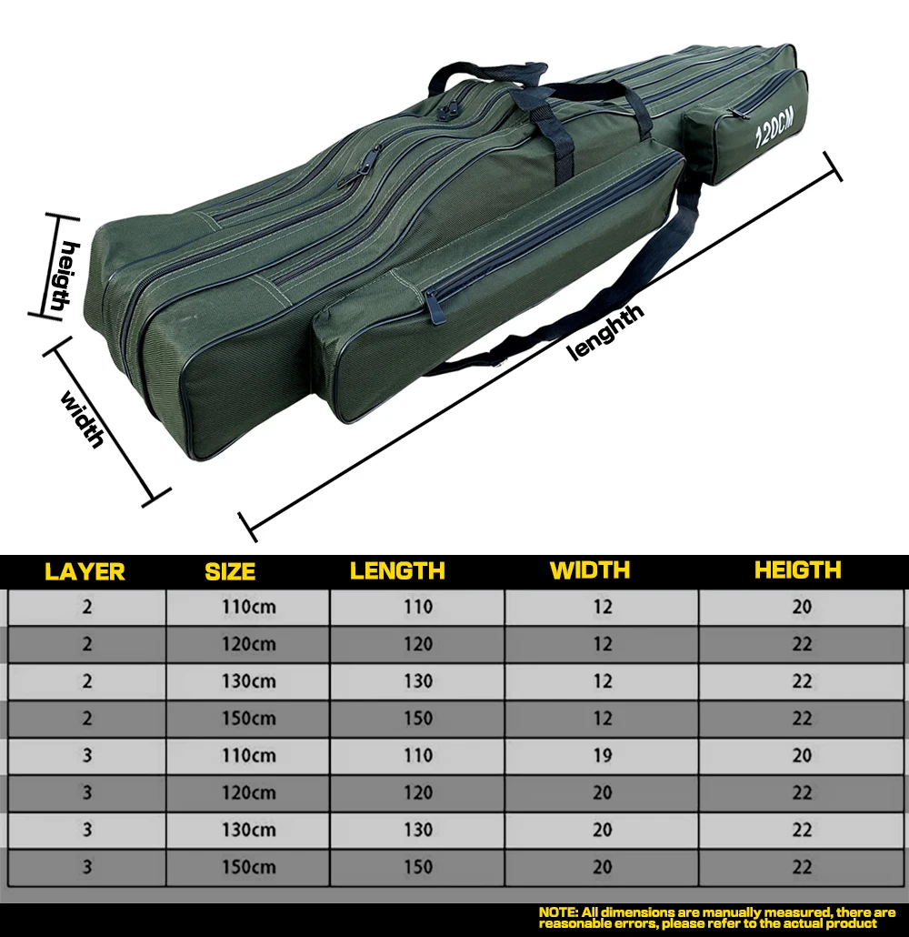 Un estuche acolchado de color verde, que parece estar diseñado para transportar un rifle o una escopeta. La caja está dispuesta de forma plana y se proporcionan medidas para sus dimensiones.
