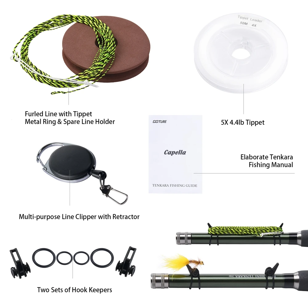 Goture-Kit de pesca Tenkara, caña de pescar con mosca de carbono ultraligera, juego de moscas Tippet de línea principal de 3,6 m, gancho y accesorios combinados - imagen 5