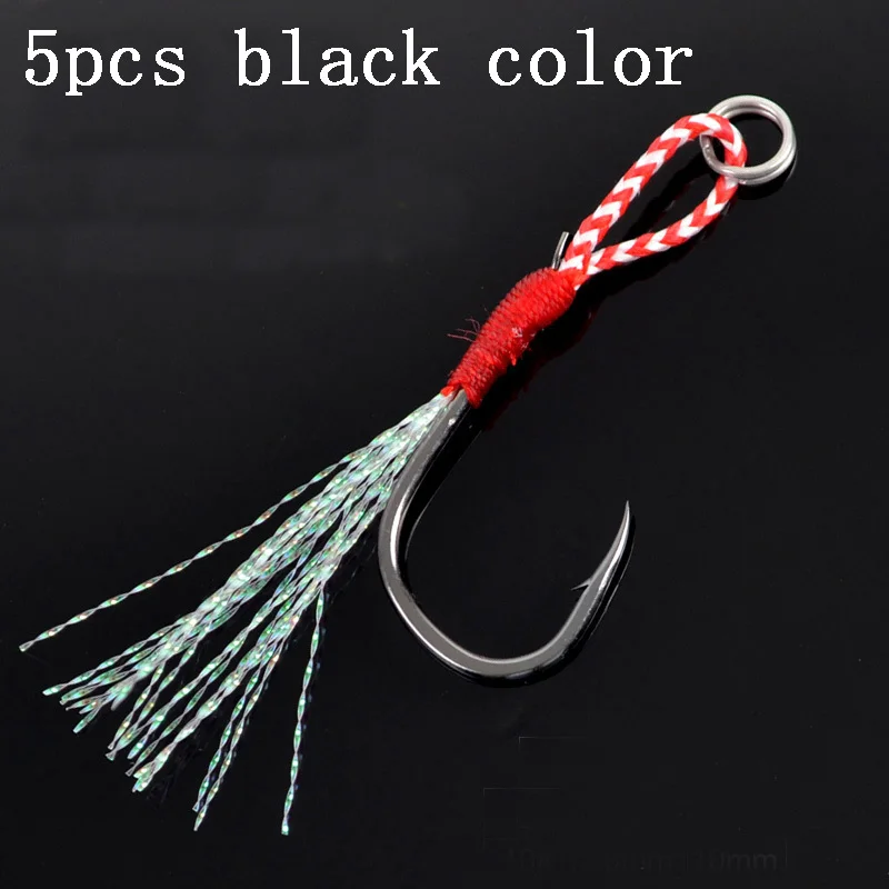 5 piezas de pesca de color negro con línea trenzada roja y blanca y hilos decorativos