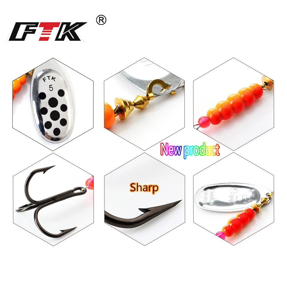 FTK-cebo giratorio de 4g/5g/7g/10g/14g, Señuelos de lubina de cuchara dura, Señuelos de pesca de Metal con anzuelos triples, aparejos de pesca para pesca de Lucio - imagen 3
