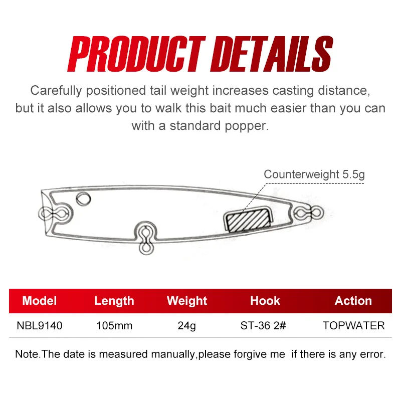 Noeby 105mm 24g Topwater Popper Señuelos de Pesca Wobblers cebos duros artificiales de fundición larga Señuelos de Pesca de agua dulce de agua salada - imagen 2