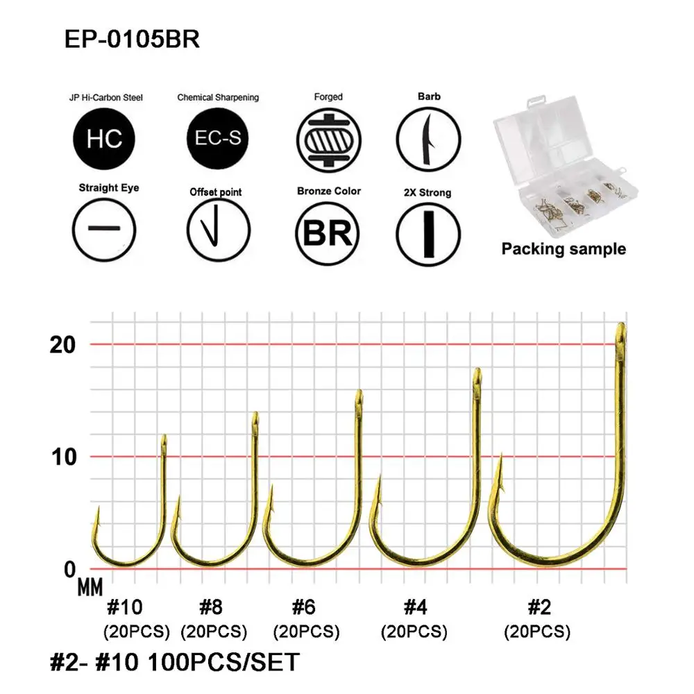 Eupheng-anzuelo de pesca con mosca de huevo, gancho de pesca de EP-TMC105, ojo recto, 2X anzuelos pesados invertidos, de forja, 100 Uds.