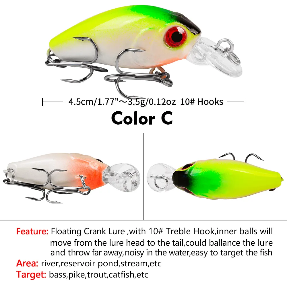Señuelo de Pesca flotante, anzuelo de plástico duro, Swimbait, carpa, lubina, aparejos de Pesca con gancho 10 #, 45mm, 3,5g, 1 unidad