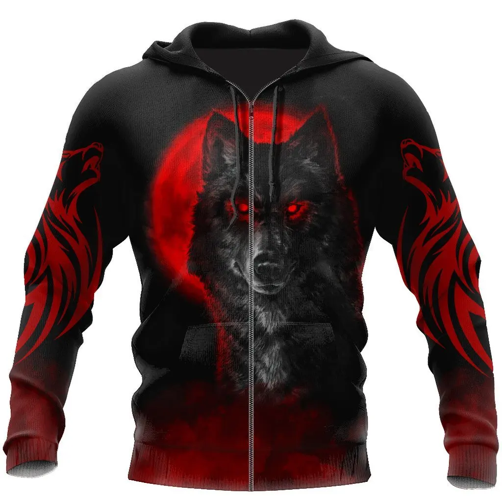 Hermosa sudadera con capucha The Red Moon Wolf 3D completamente estampada para hombre, sudadera Unisex de otoño, jersey con cremallera, ropa de calle informal KJ462 - imagen 5
