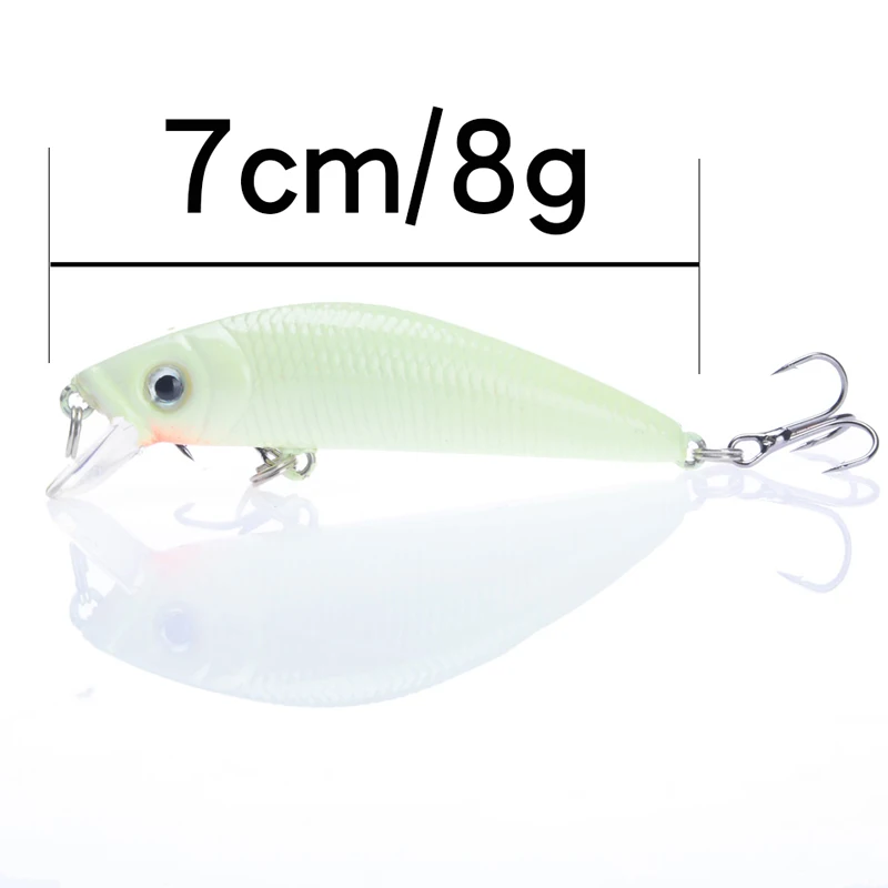 1 Uds. Cebo de Pesca nocturno luminoso 3D 7cm 8g Señuelos de pececillo lubina con anzuelos triples Crankbaits duros artificiales Lucio carpa aparejos de Pesca