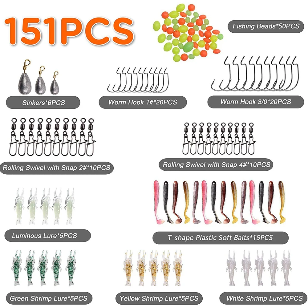 Señuelos de Pesca de 151 unids/caja, aparejos que incluyen gusanos, ganchos de pesca giratorios, pesas de plomo a presión, cebos de Camarón, accesorios de cuentas, aparejos - imagen 3