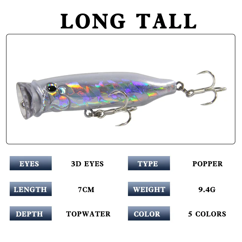 Cebo Popper de pesca, señuelo de lubina de agua superior, 7cm, 9,4g, 5 colores - imagen 2