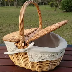 Cesta de mimbre tejida con asa para acampar, cesta de mimbre Vintage para comida, fruta y Picnic