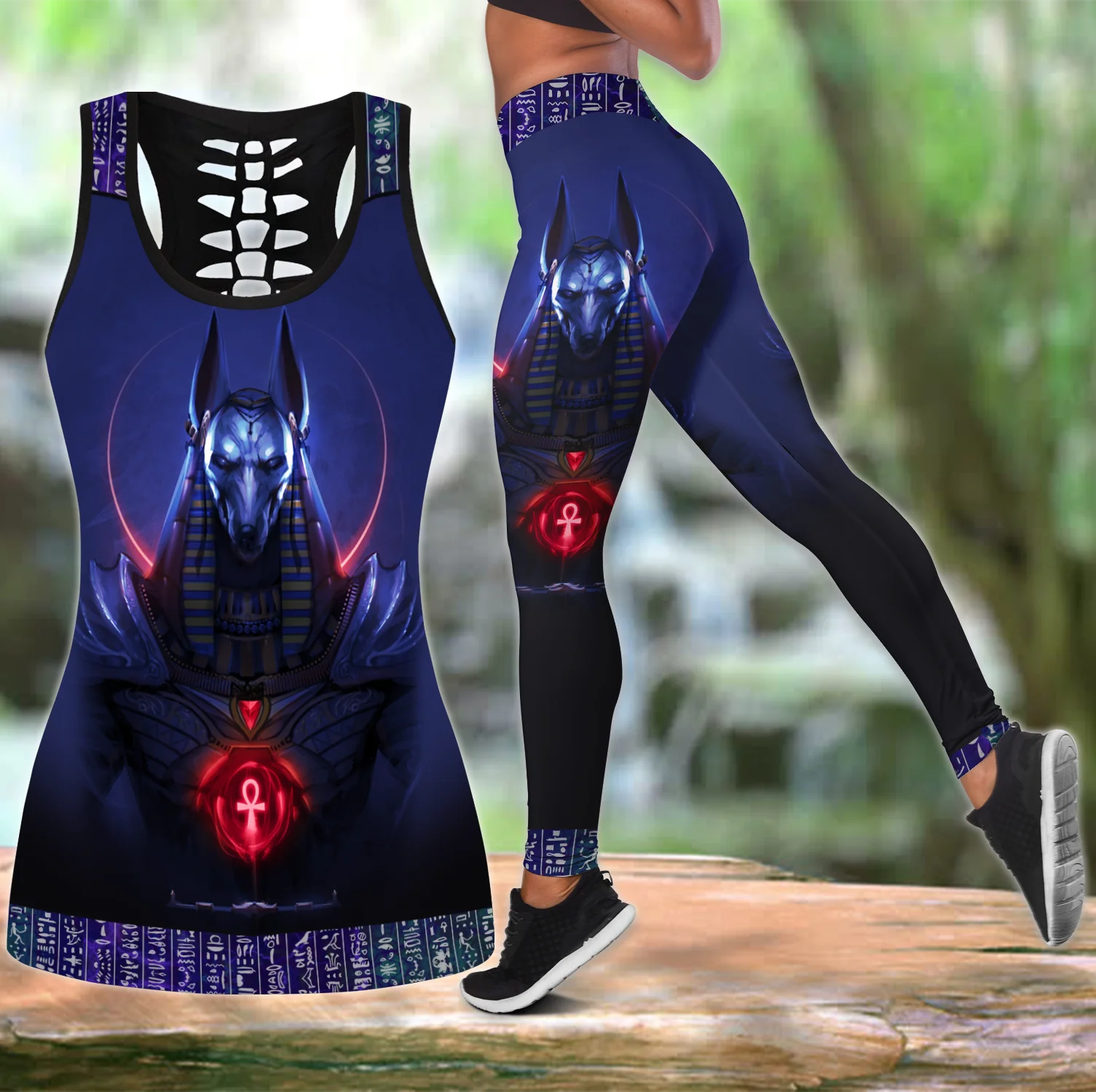 Anubis azul antiguo egipcio 3D impreso hueco camiseta sin mangas y Leggings conjunto Fitness mujer mallas de longitud completa pantalones de Yoga LKB-20