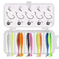 Kit de Señuelos de Pesca de doble Color, cola en T, cebo suave, cabeza de anzuelo, anzuelo de gusano, plomo, conector giratorio a presión, juego de 30 piezas
