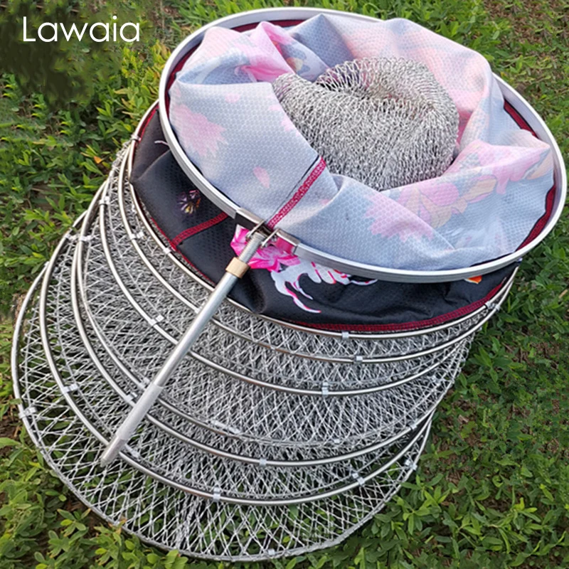 Lawaia-jaula de red de pesca trenzada gris, anillo de acero inoxidable, cuerda de raqueta plegable, tela estampada colorida, jaula de pesca, malla pequeña - imagen 5