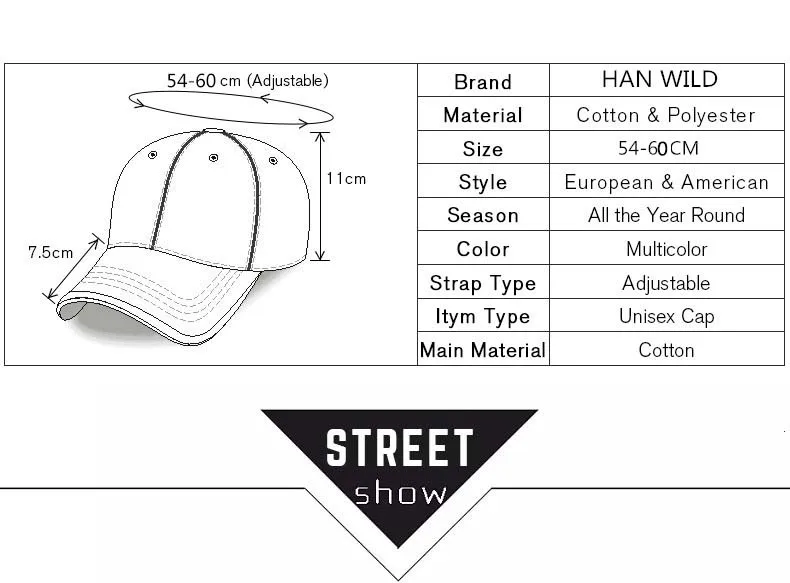 Un diagrama de una gorra de béisbol con varias medidas y especificaciones. La gorra es ajustable, con un rango de tallas de 54-60 cm, como indica la tira ajustable en la parte trasera. El ala de la gorra mide 7,5 cm de largo.