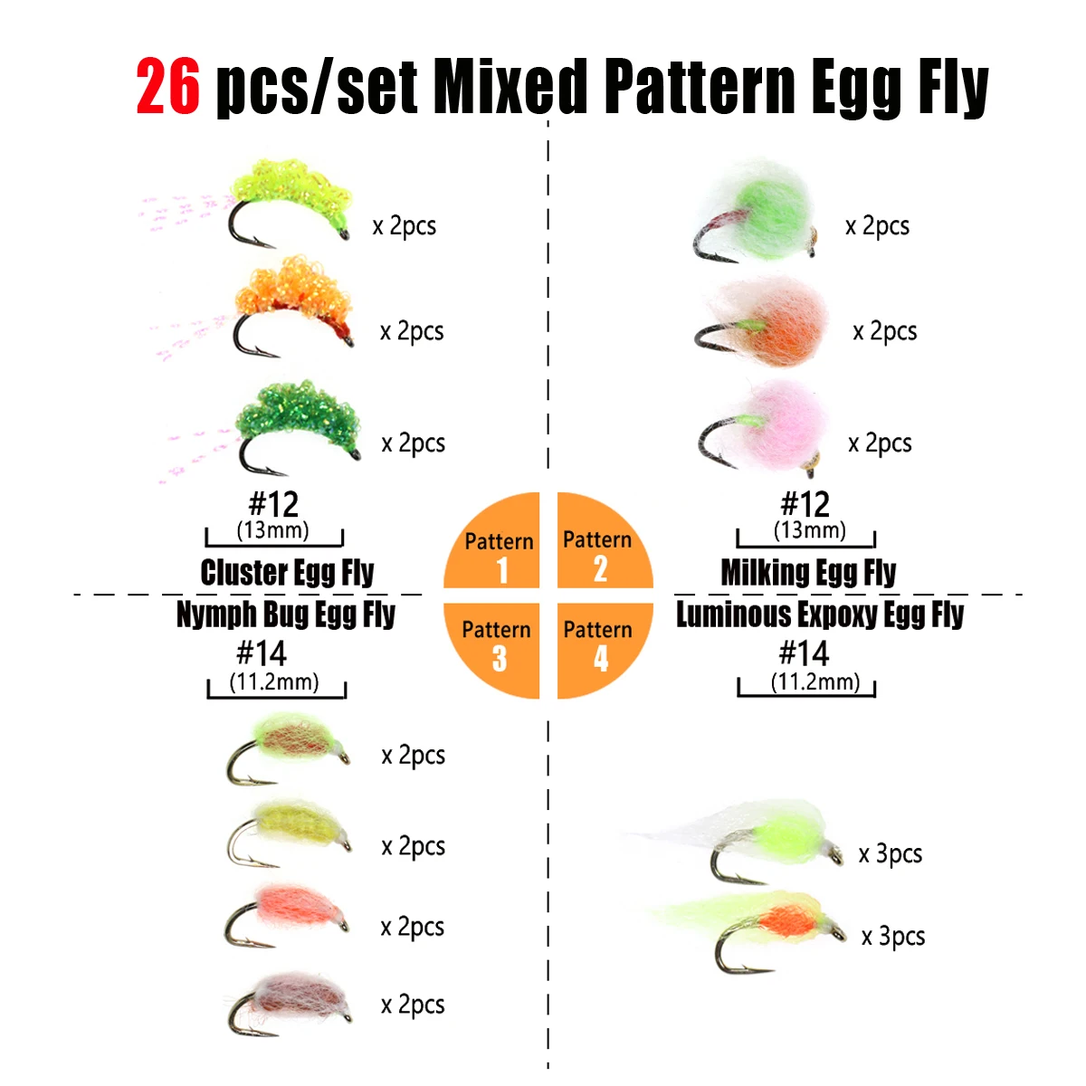 Bimoo-caja de Señuelos de Pesca con cuentas de latón para trucha, trucha, cabeza de acero, color naranja, Chartreuse rojo, 26 piezas, #12, #14 - imagen 2