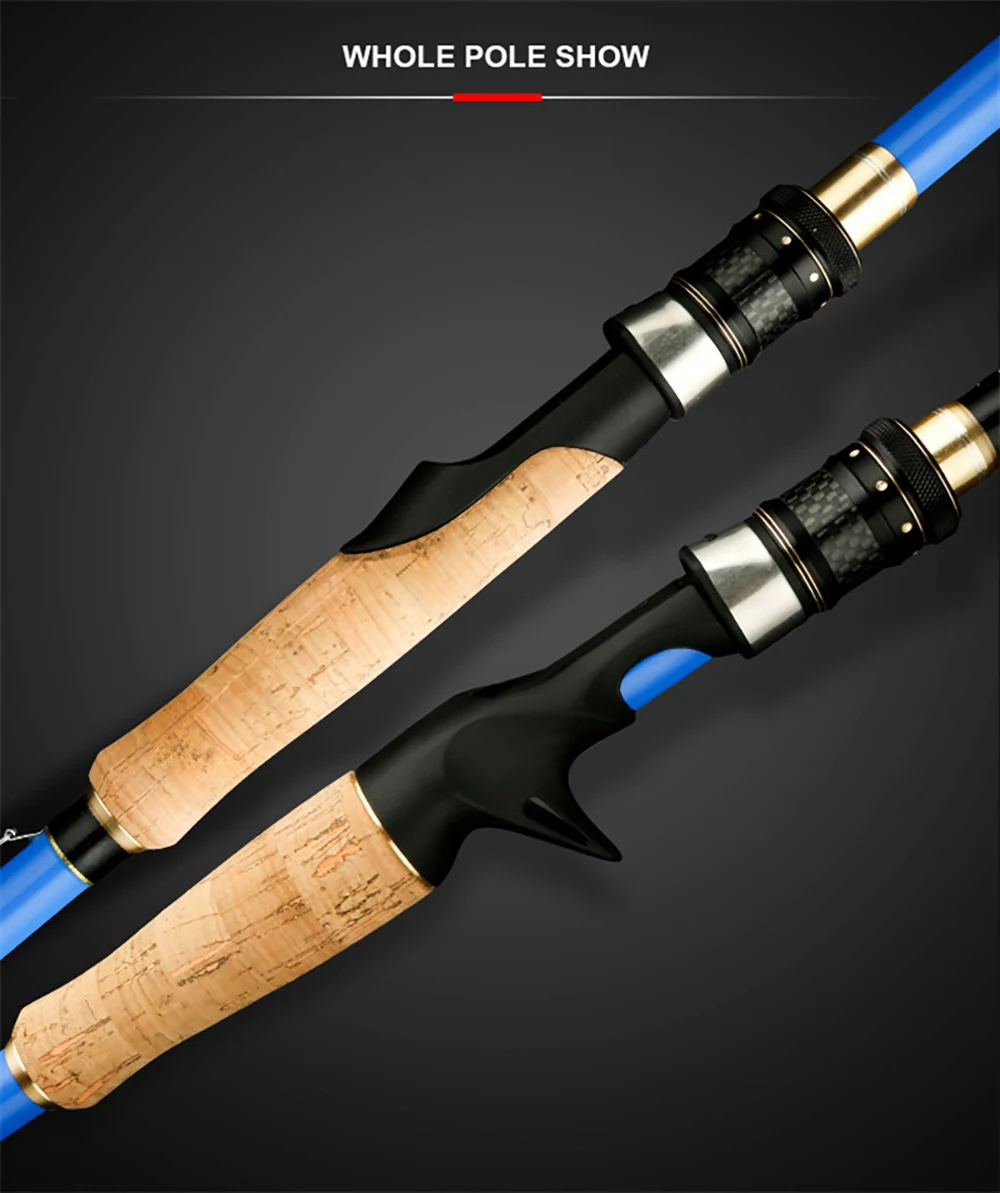 Un par de cañas de pescar. Tienen una combinación de colores negro y azul, con el mango envuelto en lo que parece ser corcho, que es un material común utilizado para los mangos de las cañas de pescar debido a su ligereza y propiedades aislantes.