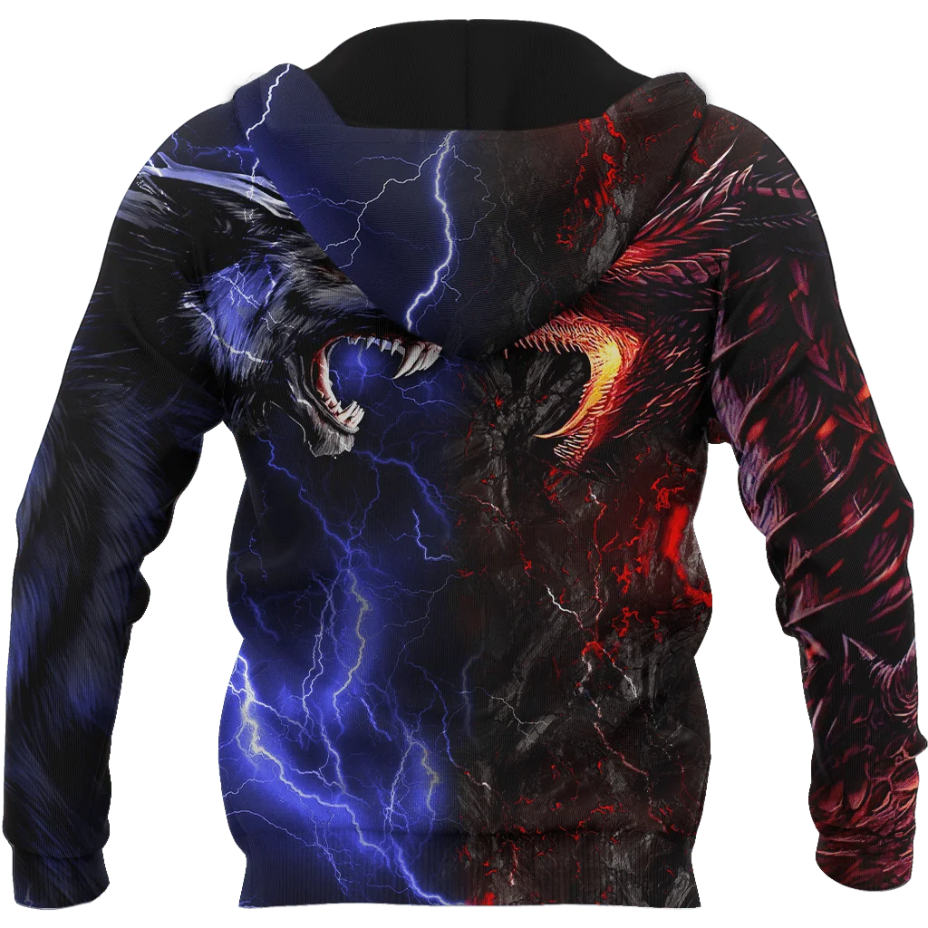 Sudadera con capucha de otoño para hombre con estampado 3D de dragón y lobo rojo y azul, ropa de calle Unisex, chaqueta informal con cremallera, jersey KJ497 - imagen 3