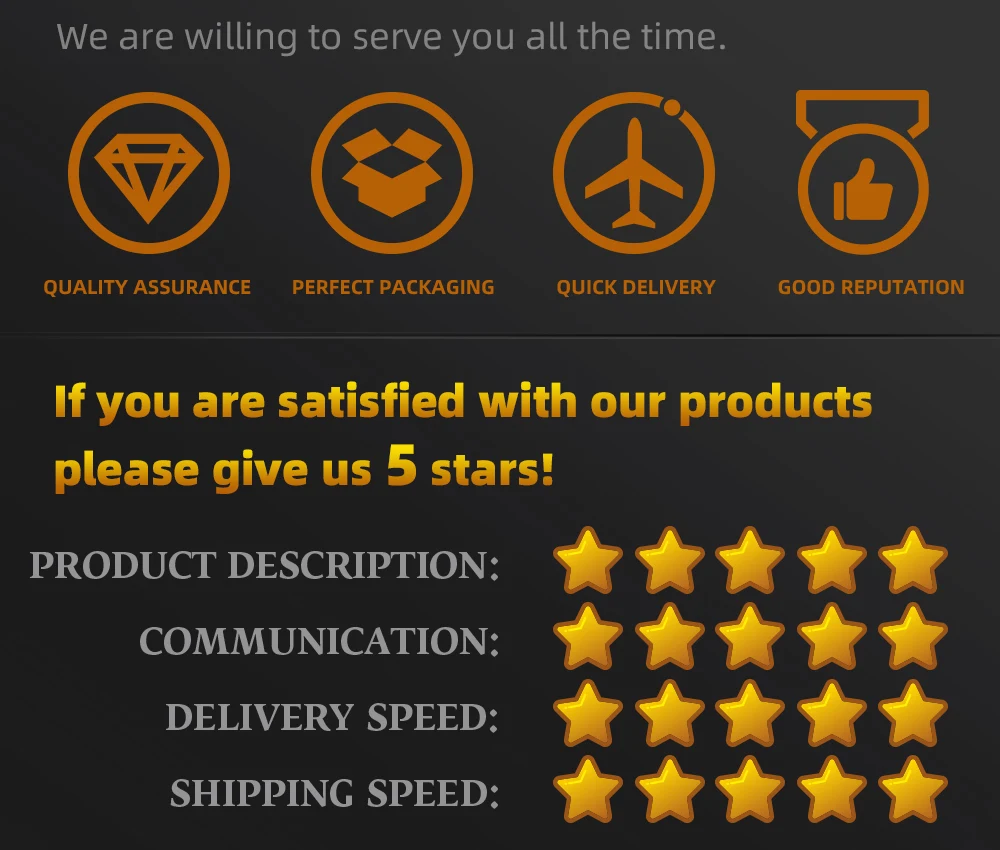 Un diseño gráfico con fondo oscuro y una serie de iconos y elementos de texto. En la parte superior, hay un comunicado que dice Estamos dispuestos a servirle en todo momento. Debajo de este, hay cuatro iconos que representan diferentes servicios o calidades:

1