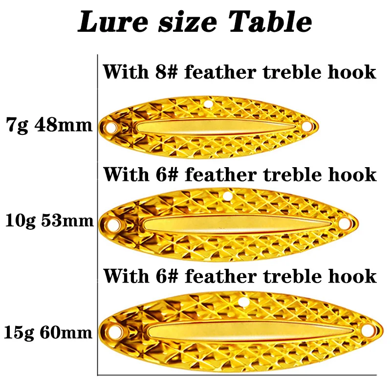 Señuelo giratorio luminoso de Metal para pesca de lubina, señuelo de lentejuelas, Wobblers artificiales, cebo de plumas, anzuelo triple, 1 ud., 7g, 10g, 15g - imagen 3