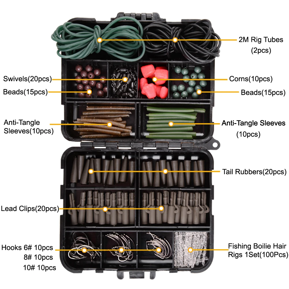 Aparejos de pesca de carpa, anzuelos giratorios de seguridad, incluye mangas antienredos, Clips de plomo, cuentas, accesorios de cebo de maíz, 252 unids/lote por caja - imagen 2