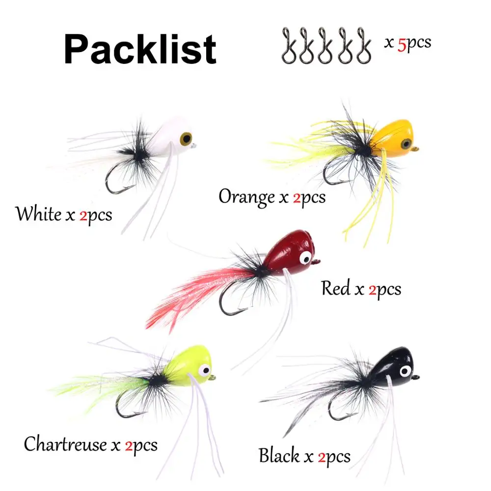 Bimoo 10 piezas # 2 Poppers de pesca con mosca, señuelo Popper flotante para Bluegill Bass Panfish, señuelo de pesca con mosca Chartreuse, naranja, rojo y blanco - imagen 4