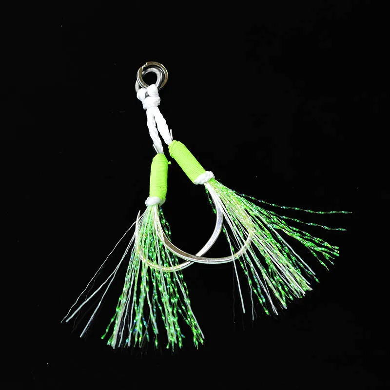 Anzuelo de asistencia de doble jiging, cabeza de plantilla de Metal, acero al carbono con pluma, 1/0, 3/0, 4/0, 5/0, 6/0, 2 unids/lote por paquete - imagen 5