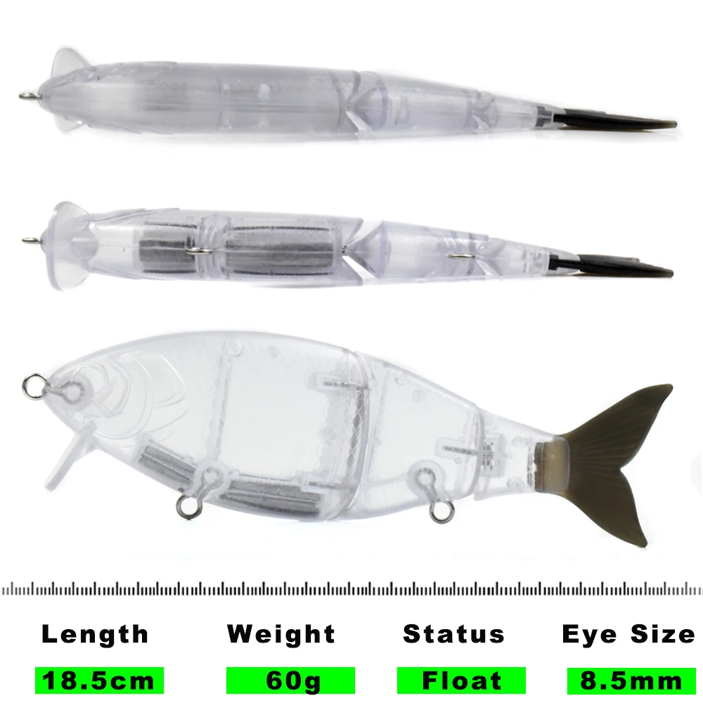 CCLTBA-señuelo de pesca Topwater Wobbler Swimbait, 18,5 cm, 60g, 3 segmentos, sin pintar, cebo articulado, sábalo en blanco, flotante, enlace de Metal, cola suave - imagen 4