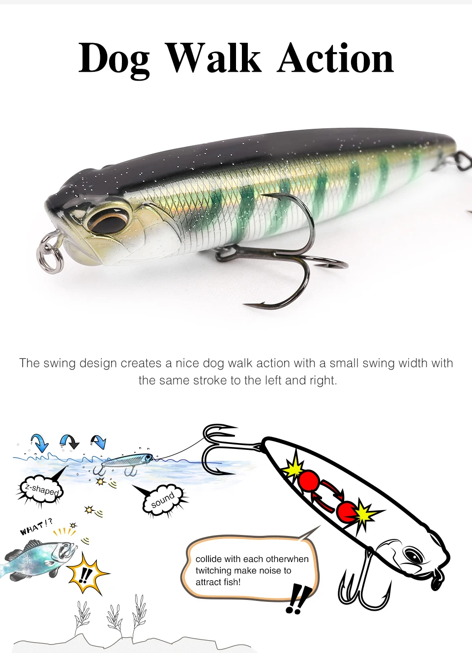 Un dibujo de un pez en un gancho con una leyenda de acción de caminar para perros