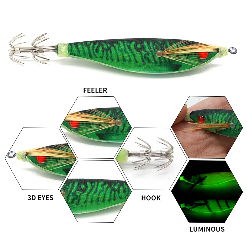 1 Uds anzuelo de calamar, Señuelos de pesca de pulpo duro, 10g, ojos 3D, plantillas de calamar y camarón, cebo de pesca de mar Artificial, señuelo de calamar - imagen 2