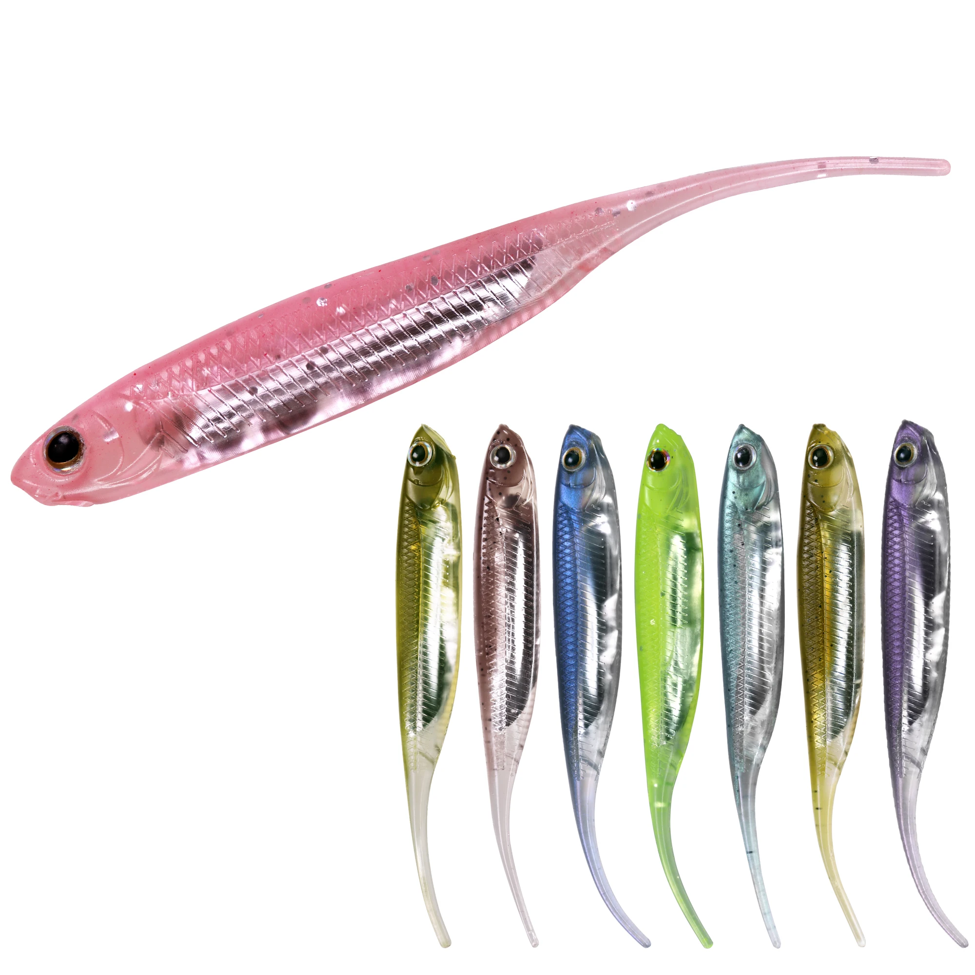 Señuelos blandos de pesca, 6 uds., 8cm, gusano Artificial suave, Swimbaits, señuelo de pesca, cebo de silicona, Pin, cola, Wobblers para pesca de lubina - imagen 5