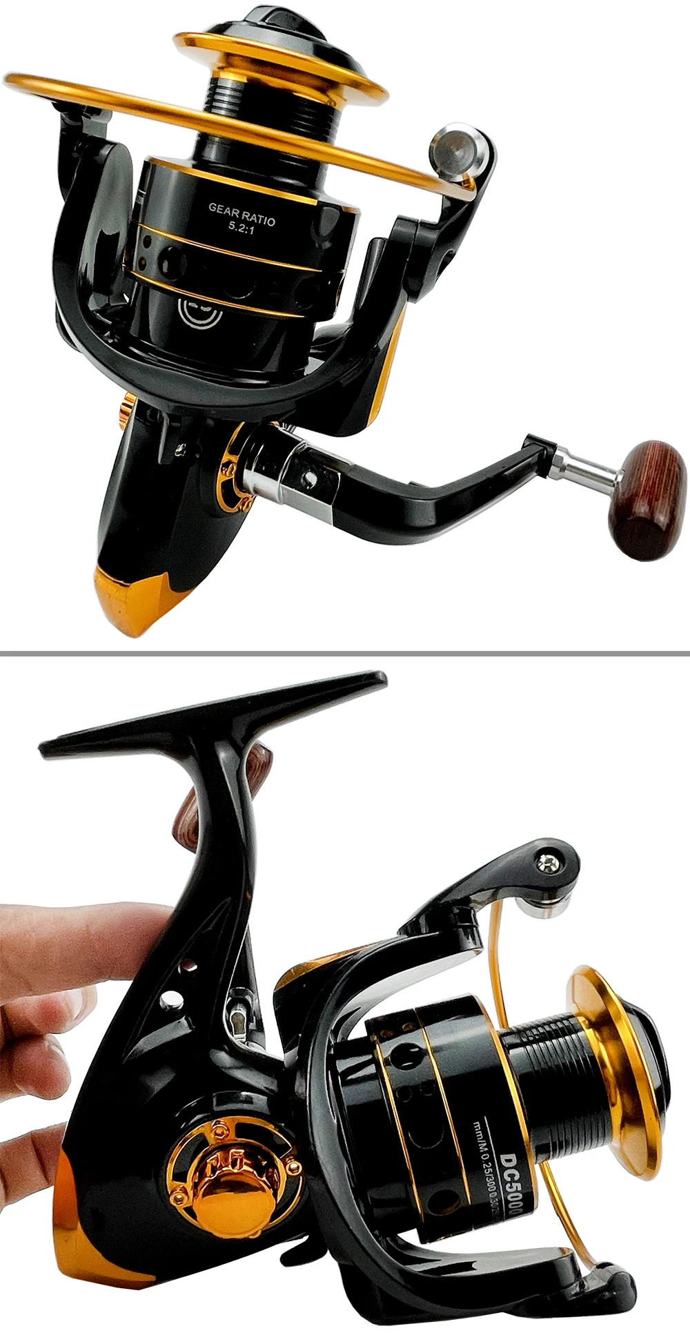 Un carrete de pesca, que es un dispositivo utilizado para enrollar el hilo de pescar en una caña de pescar. El carrete está diseñado con una combinación de colores negro y dorado, y parece ser un carrete giratorio, que es un tipo de carrete comúnmente utilizado para la pesca en agua dulce y salada.