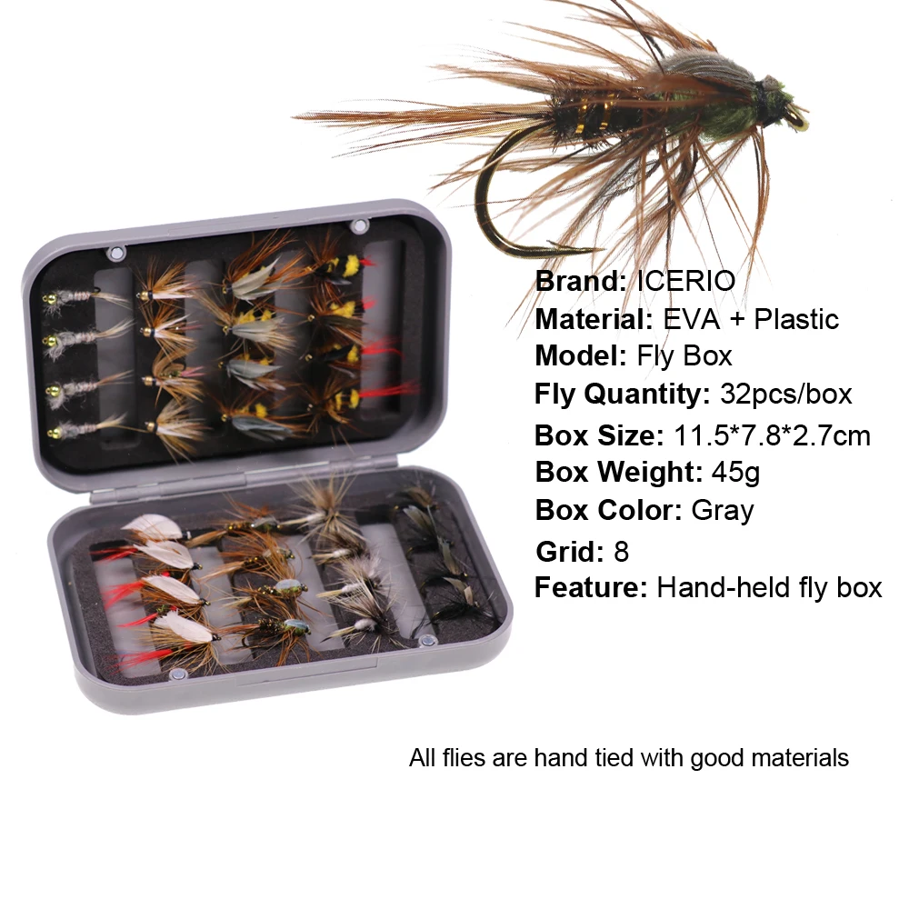 ICERIO-señuelo de pesca con mosca, conjunto de moscas de Ninfa, trucha, en seco/húmedo, con caja, 32 unids/caja