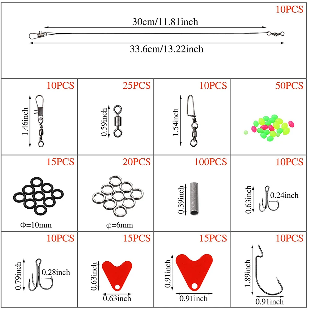 Accesorios de pesca, 325 unids/caja, Kit de aparejos que incluyen ganchos giratorios, broches, pesas, anillos, manguitos de alambre - imagen 3