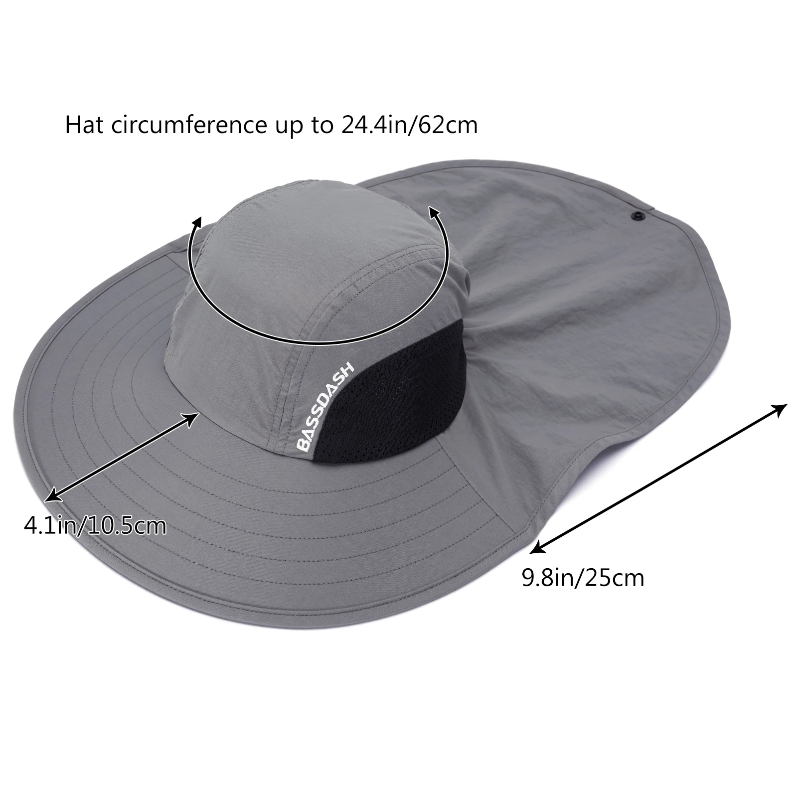 Bassdash UPF 50 + Unisex, sombrero de Sol de ala ancha resistente al agua con solapa de cuello grande, cola de caballo, pesca, hombres y mujeres - imagen 4