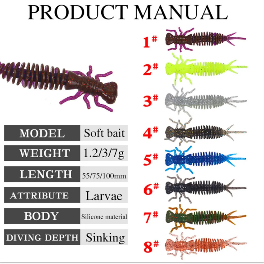 Wobblers Señuelos de Pesca blandos de Larva, 55mm, 75mm, 100mm, Swimbait, cebo Artificial de silicona suave, Lucio, Pesca de carpa, 6 unidades por lote - imagen 2