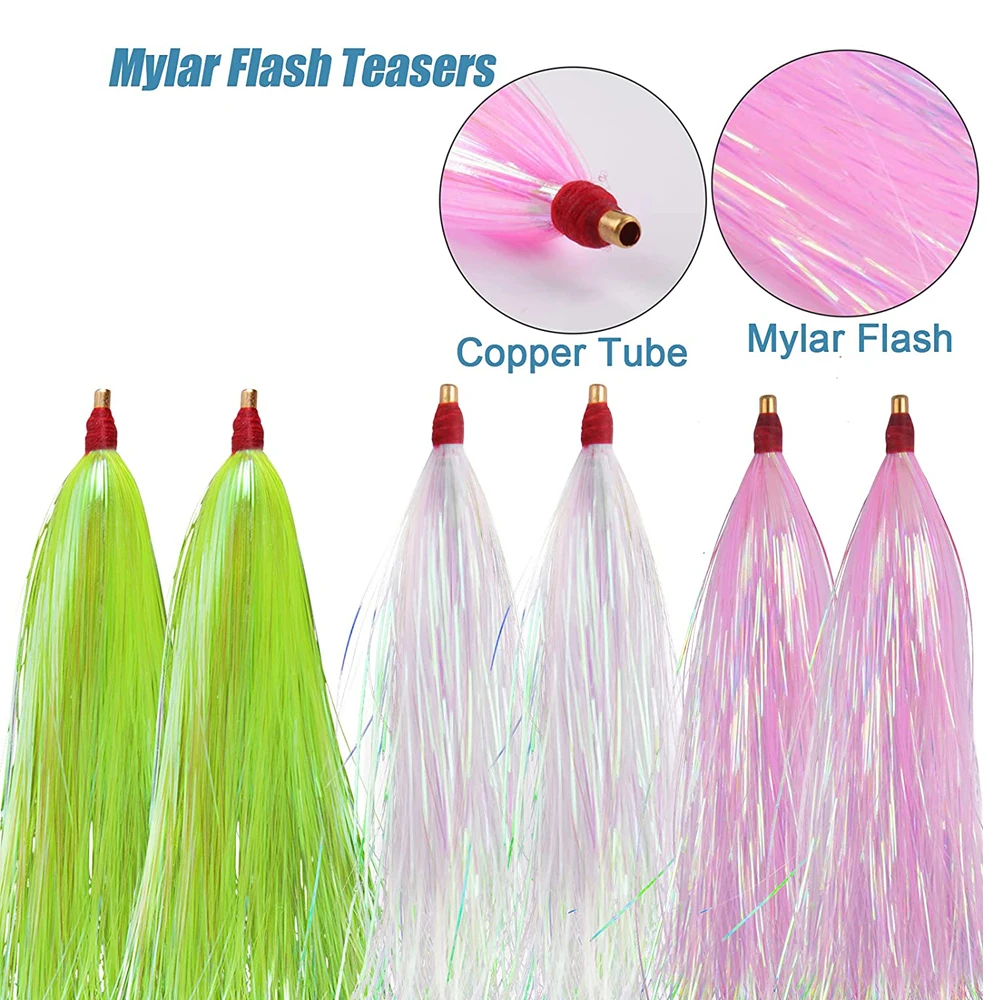 12 Uds. De pesca Mylar Flash Teaser, plantilla Artificial, aparejo de cebo, pesca en agua salada, tapones, puntero, Señuelos de Pesca, aparejos de cebo