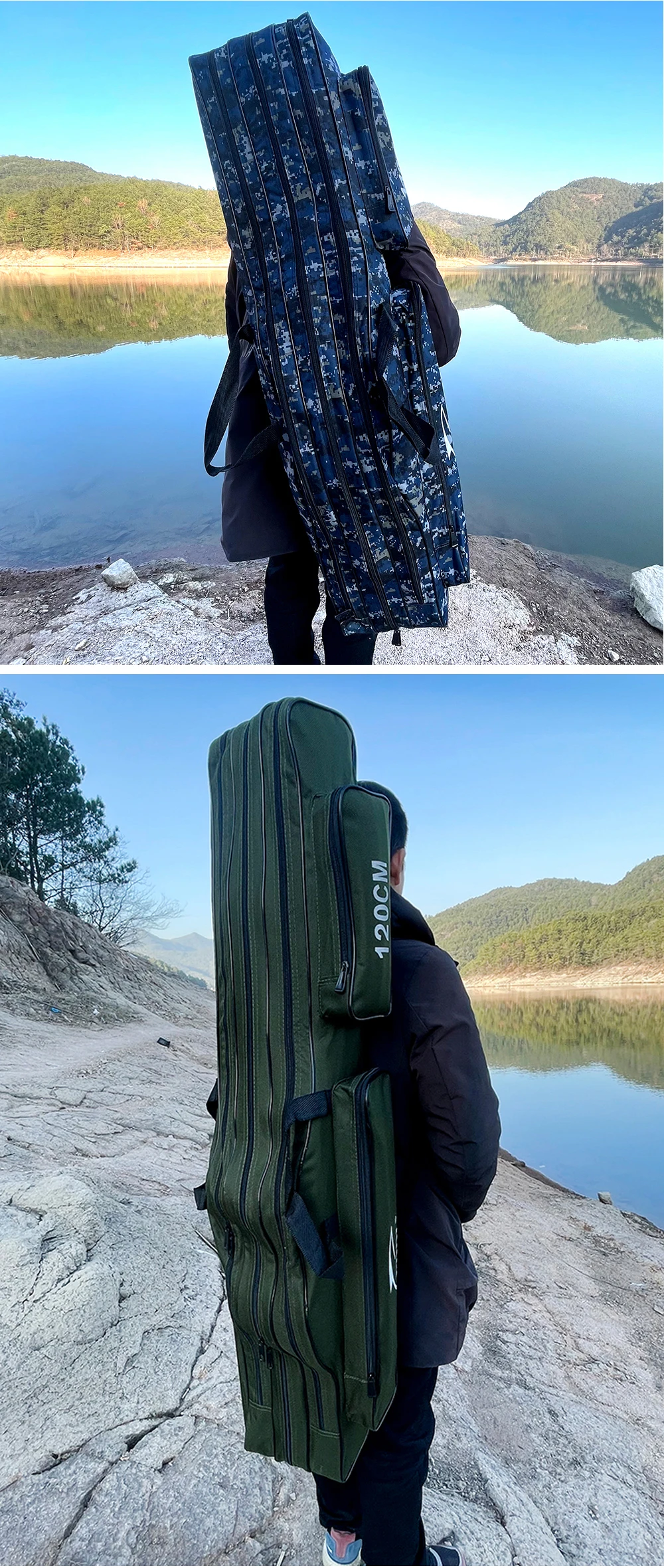 Una persona parada al aire libre con una mochila a la espalda. La mochila parece ser una bolsa grande con múltiples bolsillos, posiblemente diseñada para caminatas o actividades al aire libre.