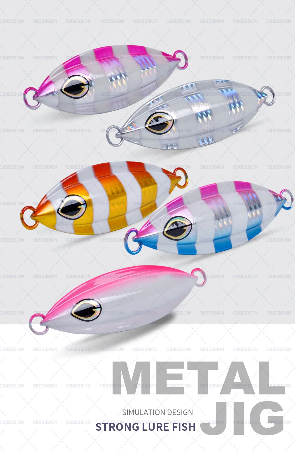 Una colección de jigs metálicos, que son señuelos de pesca diseñados para parecerse a los peces. Estas plantillas tienen un acabado metálico brillante y están coloreadas en varios patrones que imitan la apariencia de diferentes especies de peces.