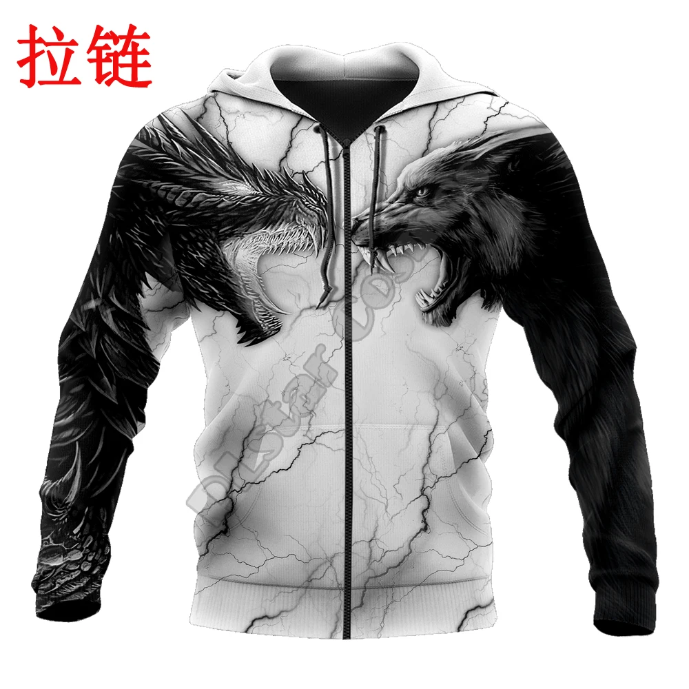 Tatuaje dragón y lobo 3D impreso moda hombres otoño sudaderas con capucha sudadera Unisex ropa de calle Casual chaqueta con cremallera pulóver KJ499 - imagen 5