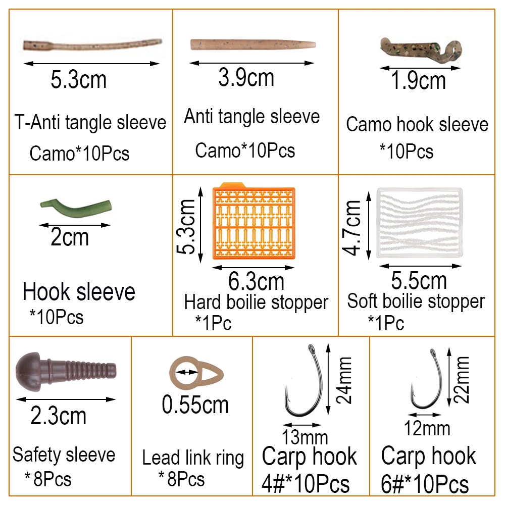 Kit de accesorios de pesca de carpa, aparejos de pesca de carpa, manga antienredos, clips de plomo, herramienta de conector giratorio de carpa, mate, 292 unids/caja - imagen 3