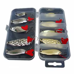 Juego de Señuelos de Pesca de Metal, 10 piezas, cebos de oro y plata, señuelos giratorios de lentejuelas con caja, anzuelos triples, equipo de aparejos de pesca