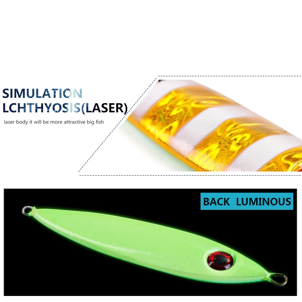 FISH KING 1 unidad 30G/40g/60G ojos 3D cuerpo láser parte trasera luminosa plantilla de Metal señuelo Paillette cuchillo cebo duro Artificial señuelo de pesca de mar - imagen 3