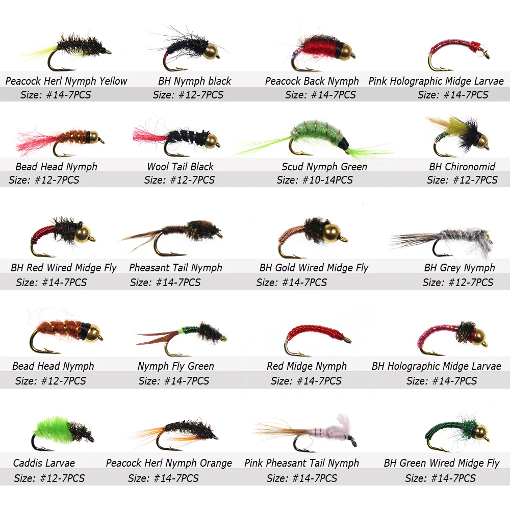 Bimoo 147 unids/caja Ninfa húmeda seca Señuelos de Pesca con mosca Kit cabeza de cuentas Ninfa Midge larva Stonefly trucha Grayling Señuelos de Pesca cebos - imagen 2