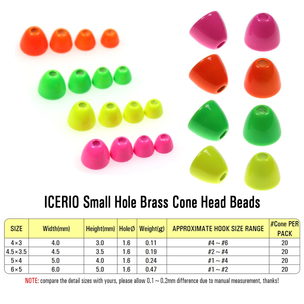 ICERIO 20 piezas UV latón cono cabeza cuentas tubo mosca lanosa Bugger serpentinas ninfas trucha pesca señuelo atado Material