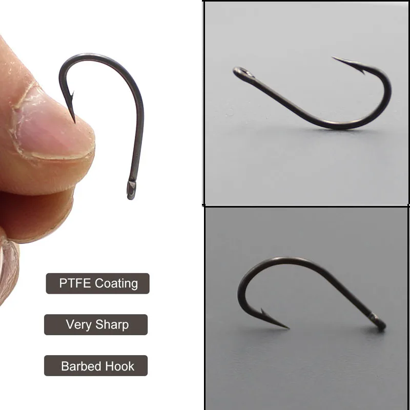 20 piezas anzuelos de pesca de carpa recubiertos de PTFE anzuelos de acero rico en carbono vástago curvo de púas estilo pinza anzuelos de carpa afilados aparejos - imagen 5