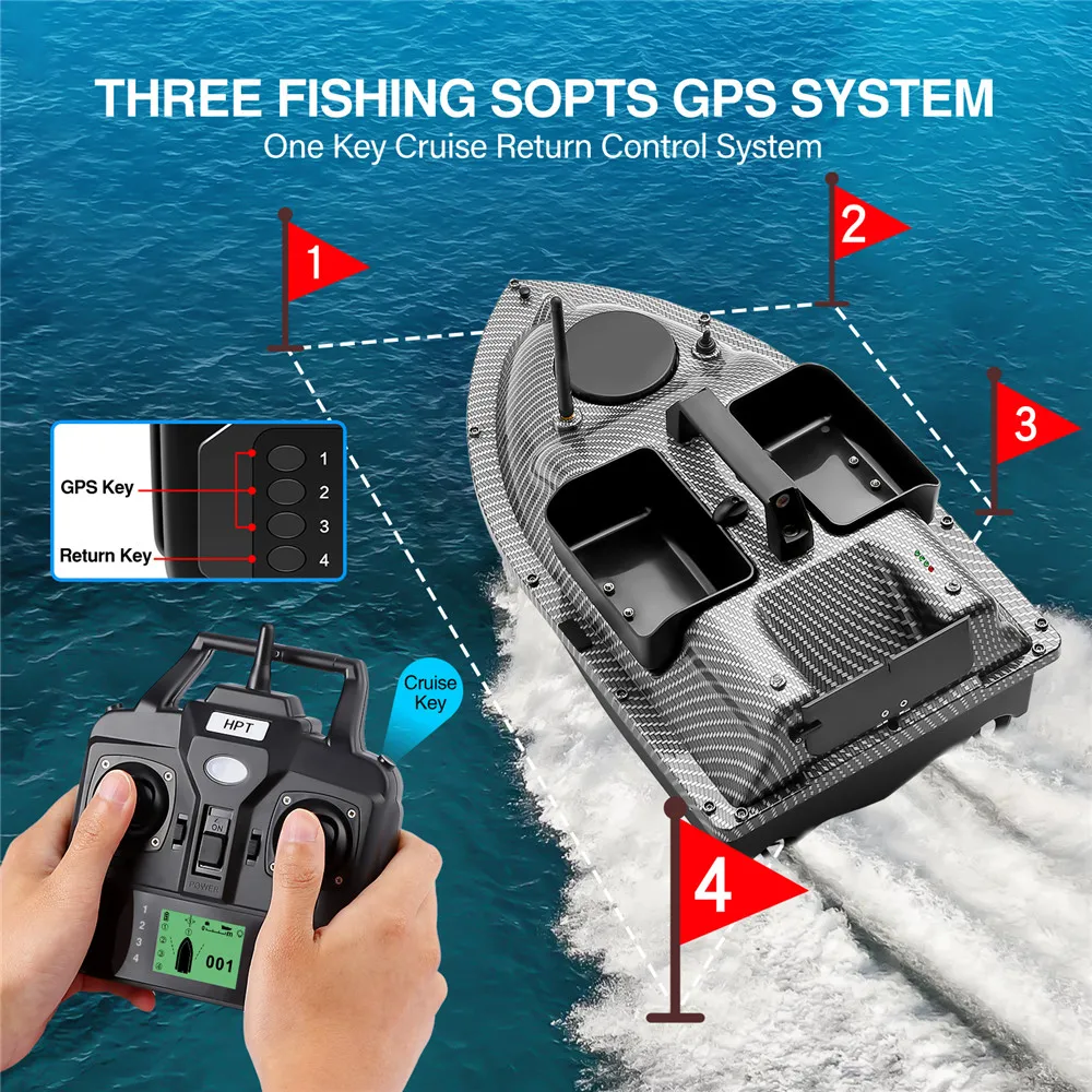 Barco de cebo de pesca con GPS de 500M, con 3 trépas, Sensor de Sonar inalámbrico, buscador de peces, Control remoto, señuelo, anzuelo de carpa, transporte de lancha rápida - imagen 2