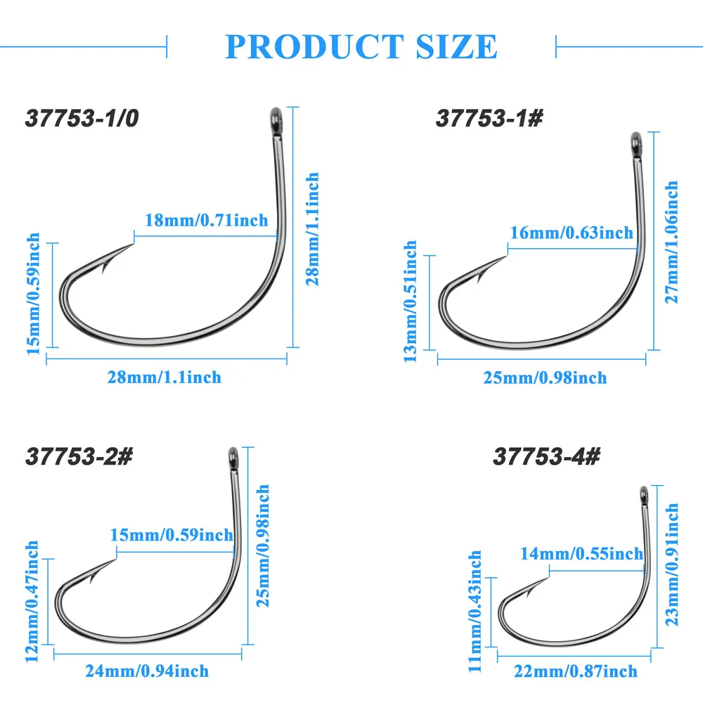 50 Uds 37753 anzuelos de pesca de acero rico en carbono gusano loco sin malezas anzuelos de pesca de espacio ancho para pesca de lubina tamaño 4 # 2 # 1 # 1/0 - imagen 2