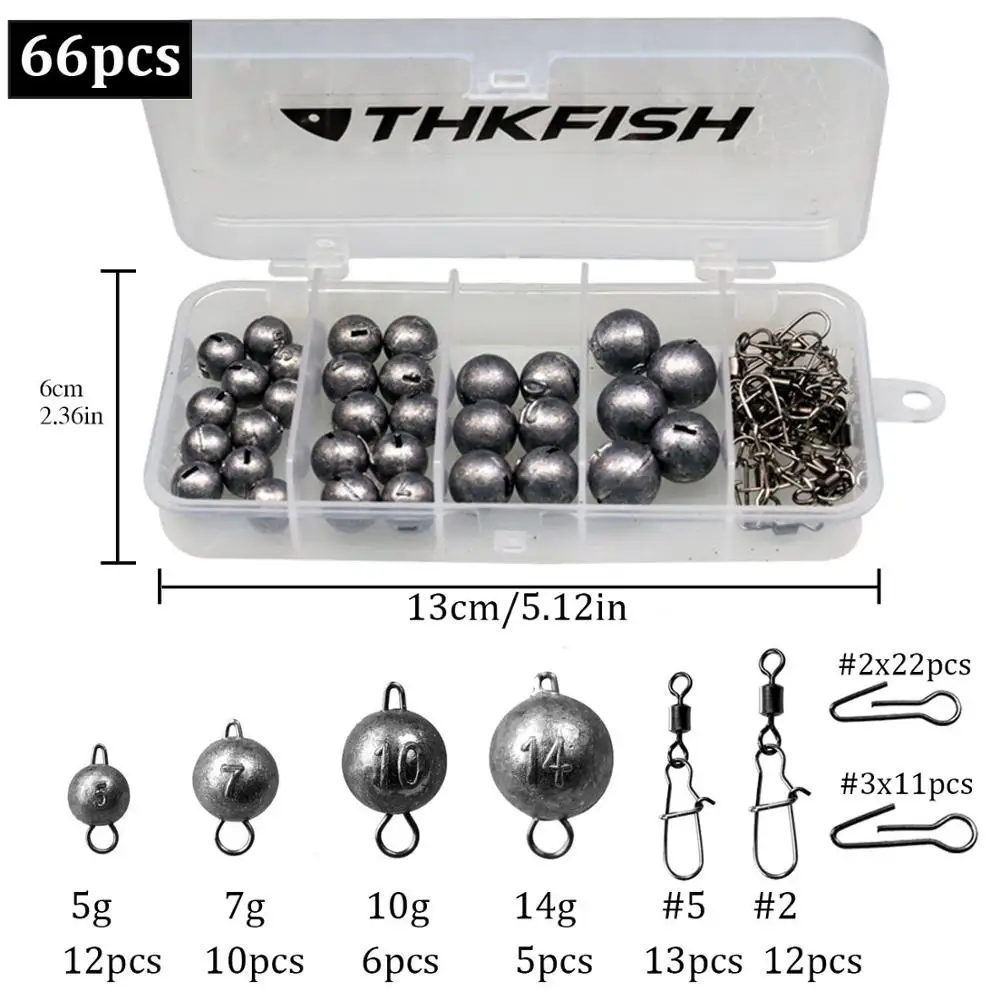 THKFISH-Kits de plomos de pesca, 66 Uds., 5g, 7g, 10g, 14g, 20g, 46 Uds., colgante redondo, plomo para señuelo, peso de pesca, juego Dropshot - imagen 2