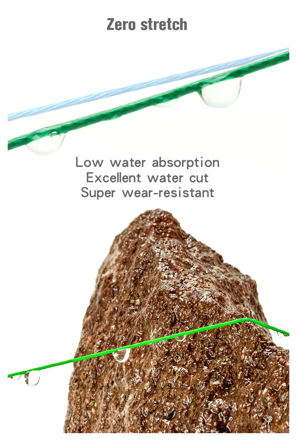 Se están probando dos materiales diferentes para determinar su resistencia al agua. En la parte superior hay un material que parece ser una tela o textil con una franja verde y está etiquetado como Zero stretch. Esto sugiere que el material no se estira cuando se somete a fuerza.